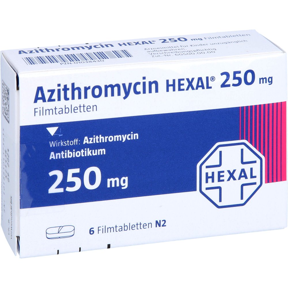 Das Produktfoto zeigt Azithromycin Hexal 250 Mg Filmtabletten (6 stk) PZN 01038430
