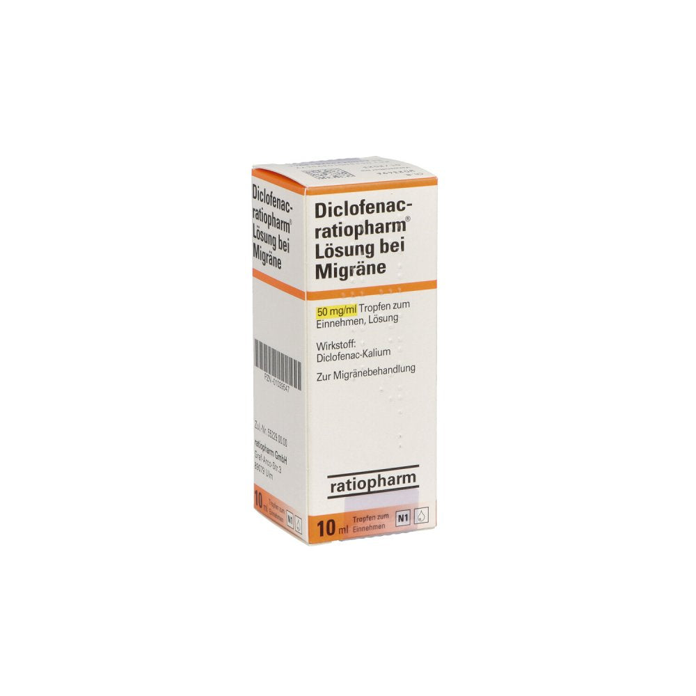Das Produktfoto zeigt Diclofenac-Ratiopharm Lösung Bei Migräne (10 ml) PZN 01039547