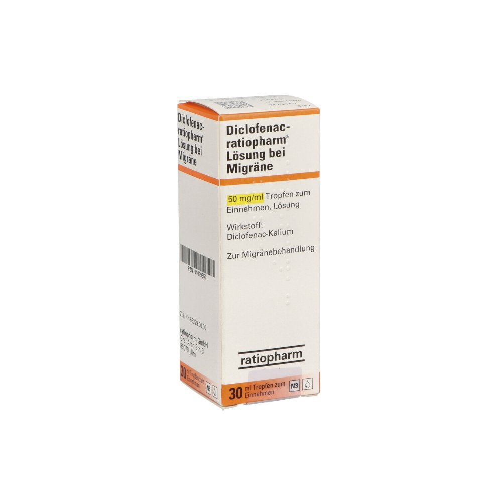 Das Produktfoto zeigt Diclofenac-Ratiopharm Lösung Bei Migräne (30 ml) PZN 01039553