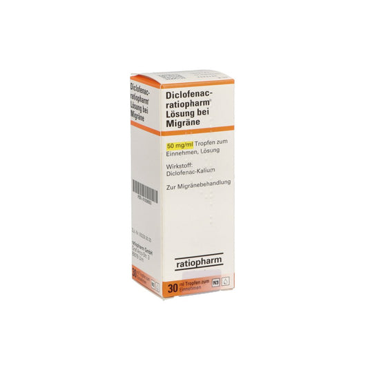 Das Produktfoto zeigt Diclofenac-Ratiopharm Lösung Bei Migräne (30 ml) PZN 01039553
