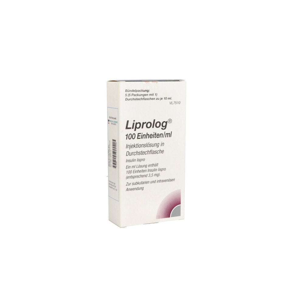 Das Produktfoto zeigt Liprolog 100 E/Ml Injektionslösung Durchstechfl. (5X10 ml) PZN 01043106