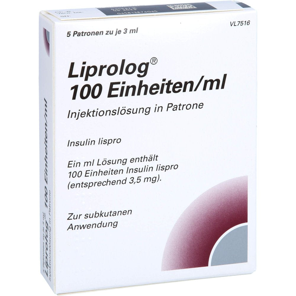 Das Produktfoto zeigt Liprolog 100 E/Ml Patrone Injektionslösung (5X3 ml) PZN 01043112