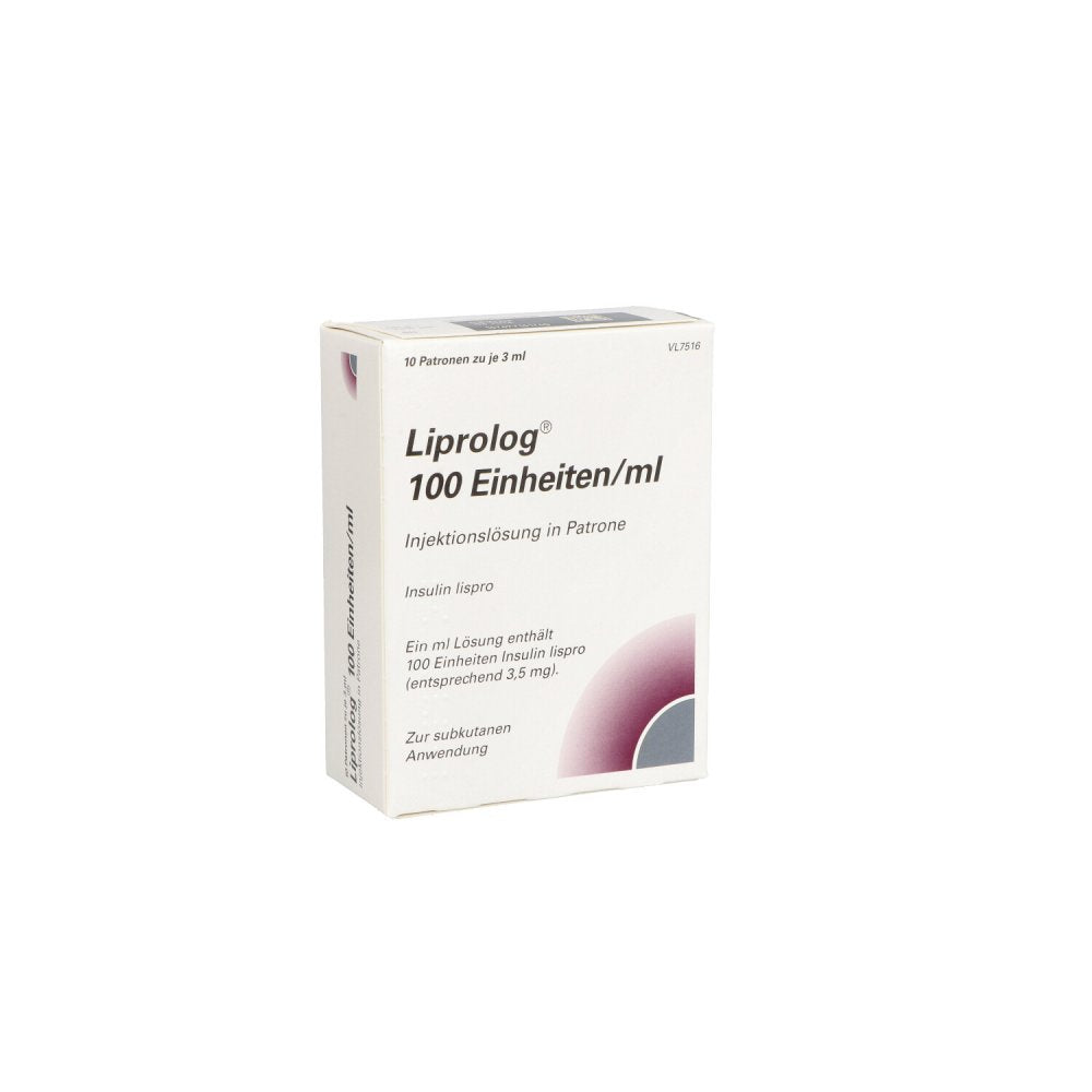 Das Produktfoto zeigt Liprolog 100 E/Ml Patrone Injektionslösung (10X3 ml) PZN 01043129