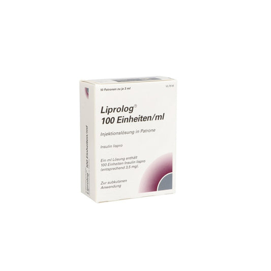 Das Produktfoto zeigt Liprolog 100 E/Ml Patrone Injektionslösung (10X3 ml) PZN 01043129
