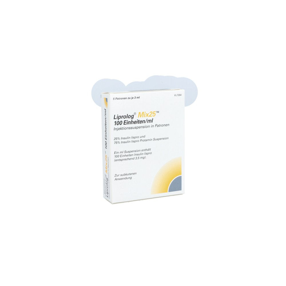 Das Produktfoto zeigt Liprolog Mix 25 100 E/Ml Patrone Injektionssusp. (5X3 ml) PZN 01043158