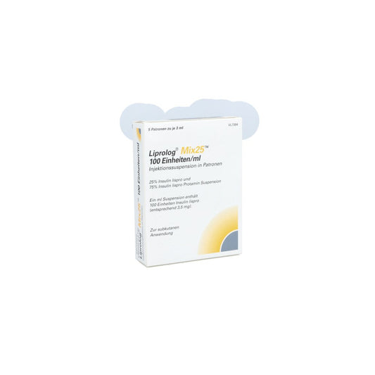 Das Produktfoto zeigt Liprolog Mix 25 100 E/Ml Patrone Injektionssusp. (5X3 ml) PZN 01043158