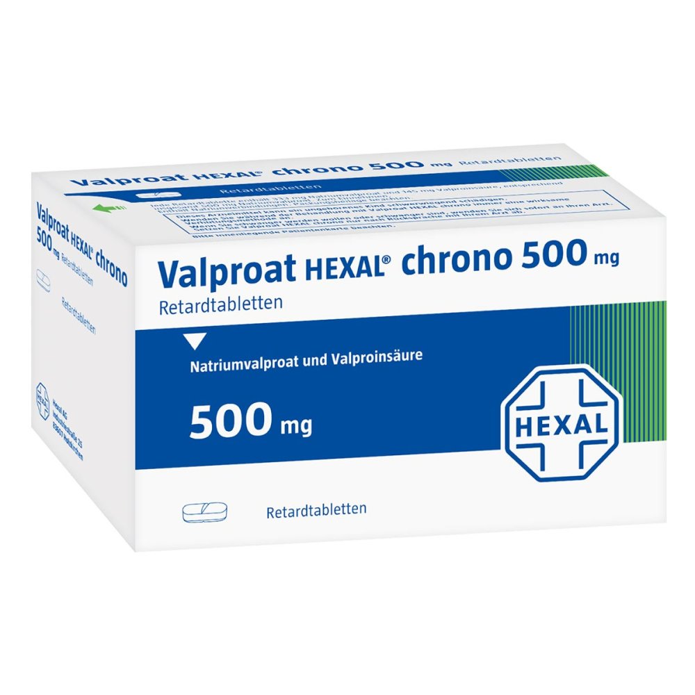 Das Produktfoto zeigt Valproat Hexal Chrono 500 Mg Retardtabletten (2X100 stk) PZN 01044117