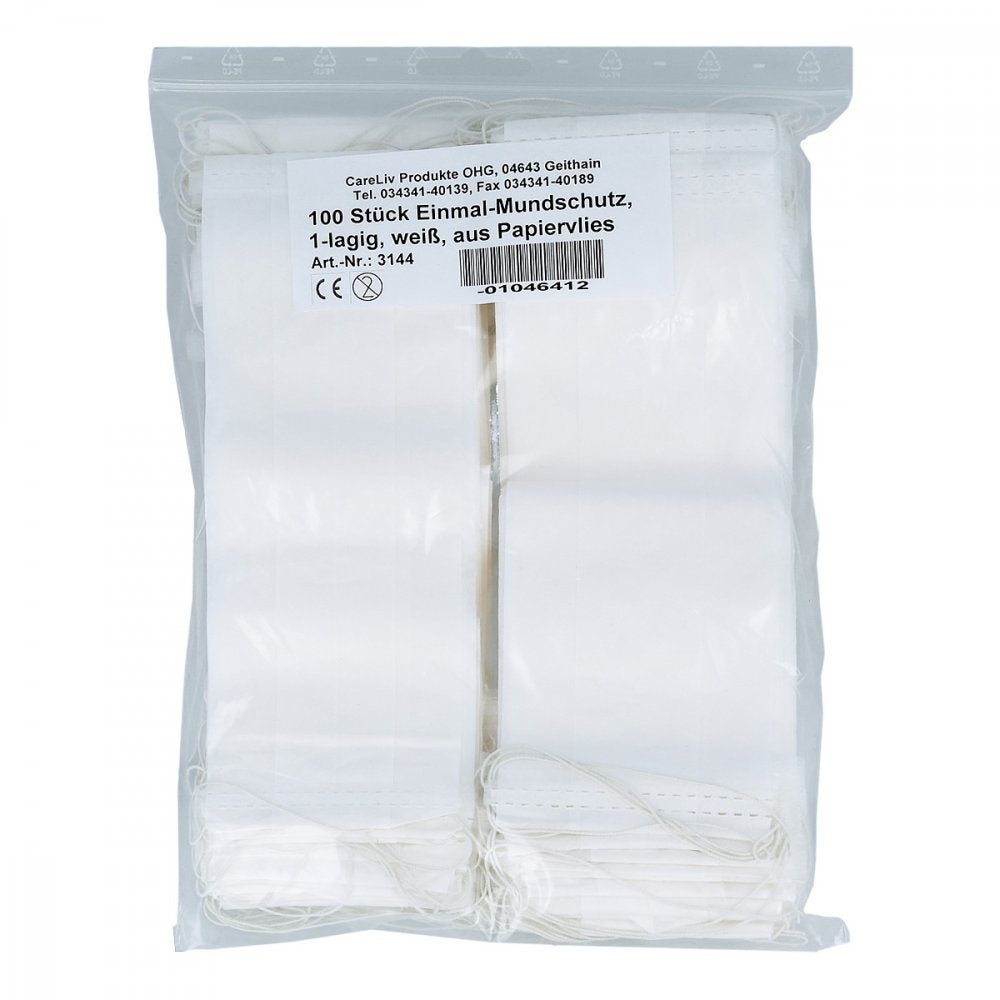 Das Produktfoto zeigt Mundschutz Papiervlies M.Gummiband Weiß (100 stk) PZN 01046412