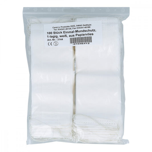 Das Produktfoto zeigt Mundschutz Papiervlies M.Gummiband Weiß (100 stk) PZN 01046412