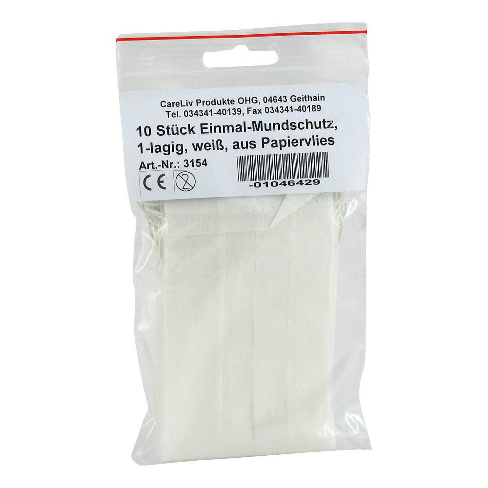 Das Produktfoto zeigt Mundschutz Papiervlies M.Gummiband Weiß (10 stk) PZN 01046429