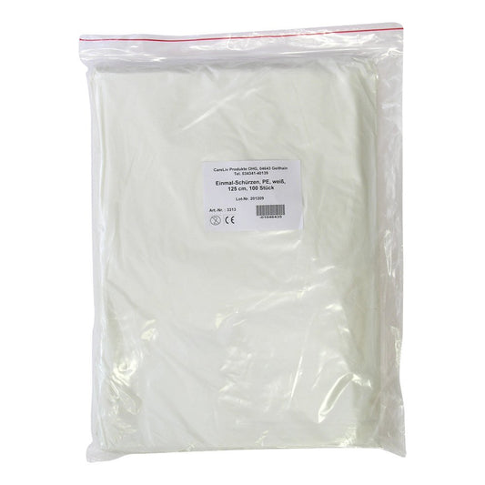 Das Produktfoto zeigt Schürze Einmal Pe Weiß 125 Cm (100 stk) PZN 01046435