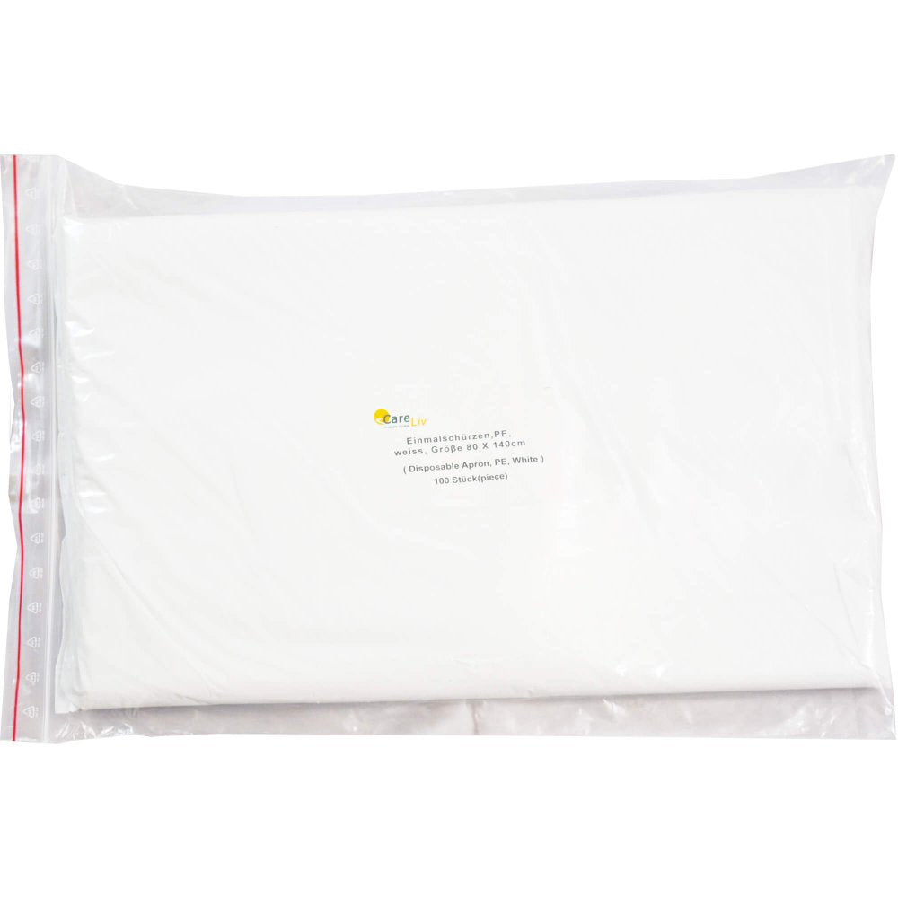 Das Produktfoto zeigt Schürze Einmal Pe Weiß 140 Cm (100 stk) PZN 01046441