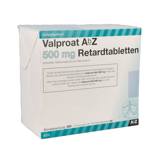 Das Produktfoto zeigt Valproat Abz 500 Mg Retardtabletten (200 stk) PZN 01048569