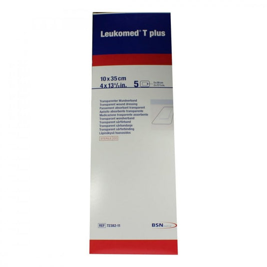 Das Produktfoto zeigt Leukomed Transp.Plus Sterile Pflaster 10x35 Cm (5 stk) PZN 01051057