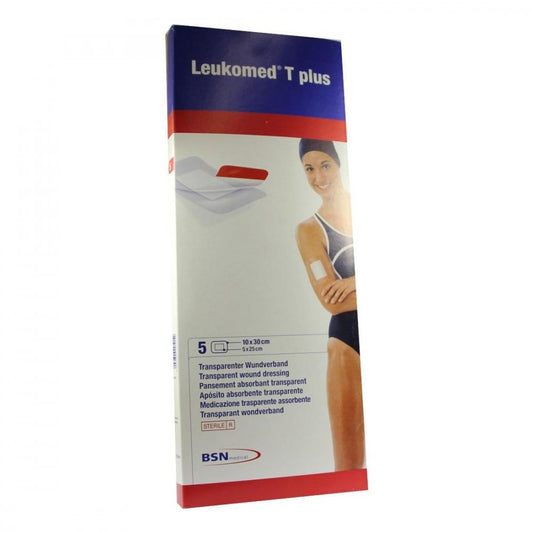 Das Produktfoto zeigt Leukomed Transp.Plus Sterile Pflaster 10x30 Cm (5 stk) PZN 01051086