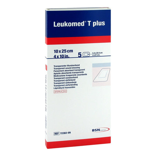 Das Produktfoto zeigt Leukomed Transp.Plus Sterile Pflaster 10x25 Cm (5 stk) PZN 01051100