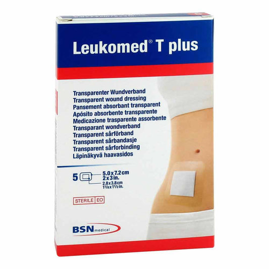 Das Produktfoto zeigt Leukomed Transp.Plus Sterile Pflaster 5x7,2 Cm (5 stk) PZN 01051198