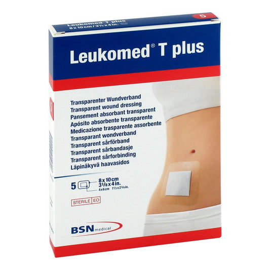Das Produktfoto zeigt Leukomed Transp.Plus Sterile Pflaster 8x10 Cm (5 stk) PZN 01051206