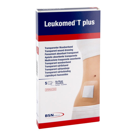 Das Produktfoto zeigt Leukomed Transp.Plus Sterile Pflaster 8x15 Cm (5 stk) PZN 01051212