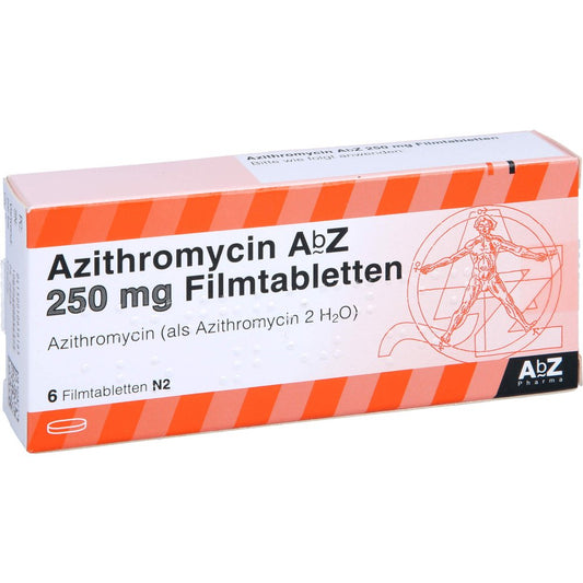 Das Produktfoto zeigt Azithromycin Abz 250 Mg Filmtabletten (6 stk) PZN 01065616