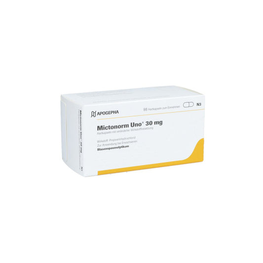 Das Produktfoto zeigt Mictonorm Uno 30 Mg Hartk.M.Veränd.Wirkst.-Frs. (98 stk) PZN 01082684