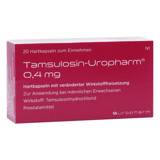 Das Produktfoto zeigt Tamsulosin-Uropharm 0,4 Mg Hartk.Verä.Wst.-Frs. (20 stk) PZN 01086972