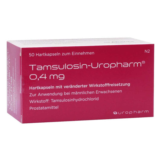 Das Produktfoto zeigt Tamsulosin-Uropharm 0,4 Mg Hartk.Verä.Wst.-Frs. (50 stk) PZN 01086995