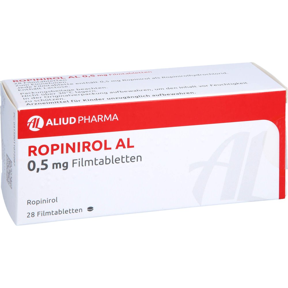 Das Produktfoto zeigt Ropinirol Al 0,5 Mg Filmtabletten (28 stk) PZN 01107208