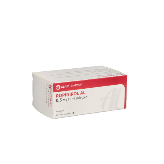 Das Produktfoto zeigt Ropinirol Al 0,5 Mg Filmtabletten (84 stk) PZN 01107243