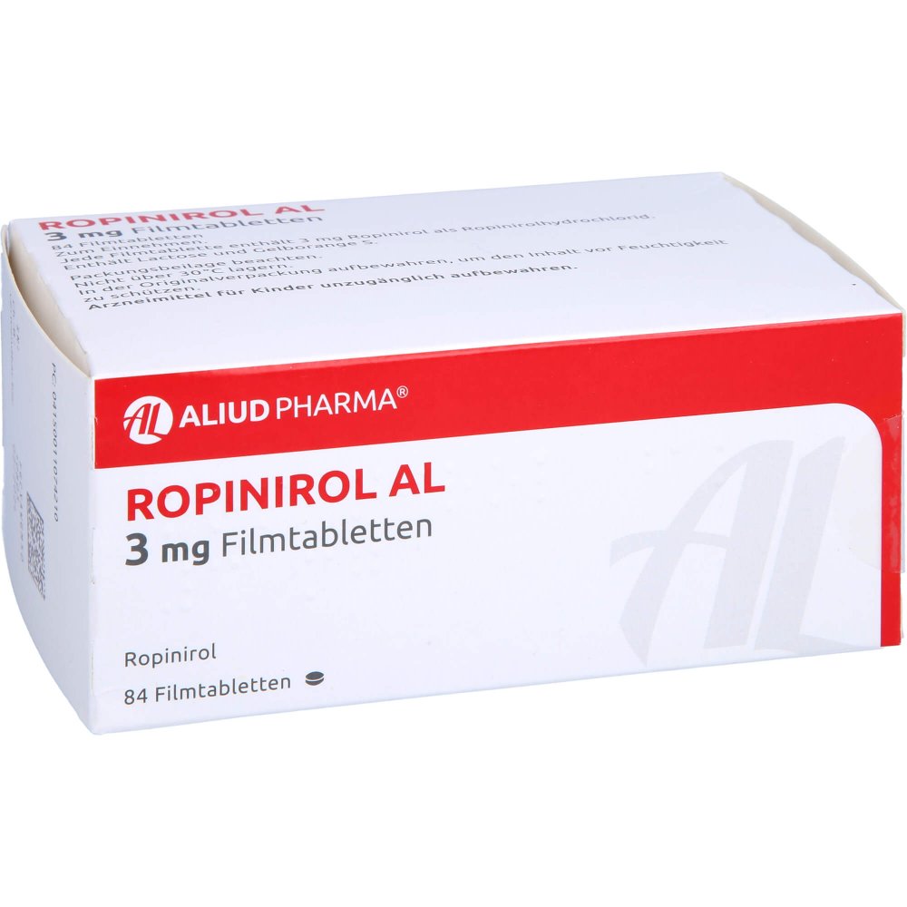 Das Produktfoto zeigt Ropinirol Al 3 Mg Filmtabletten (84 stk) PZN 01107421