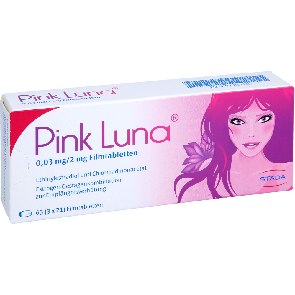 Das Produktfoto zeigt Pink Luna 0,03 Mg/2 Mg Filmtabletten (3X21 stk) PZN 01124187