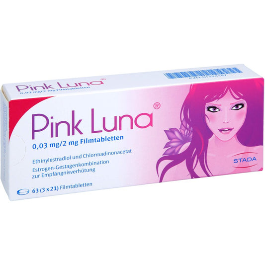 Das Produktfoto zeigt Pink Luna 0,03 Mg/2 Mg Filmtabletten (3X21 stk) PZN 01124187