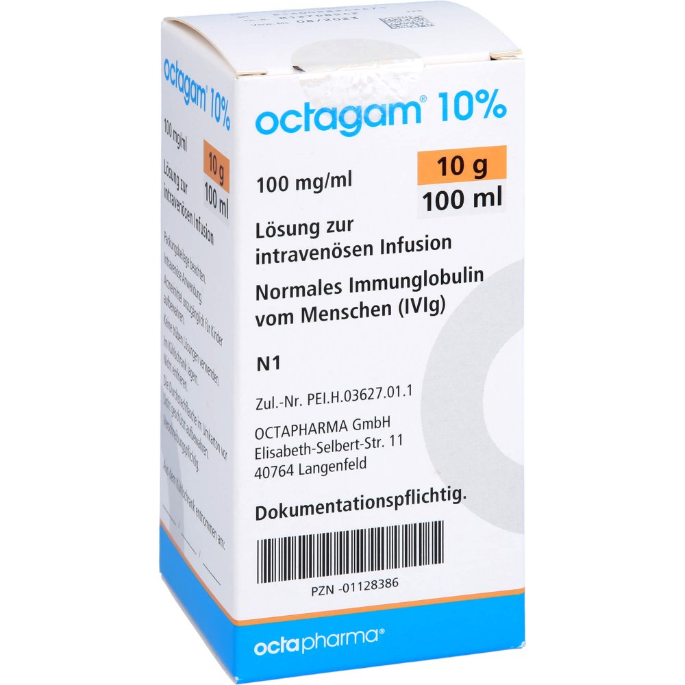 Das Produktfoto zeigt Octagam 10% 10 G Igg Lösung Z.Intravenös.Infusion (100 ml) PZN 01128386
