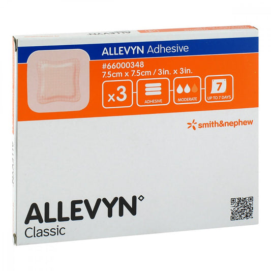 Das Produktfoto zeigt Allevyn Adhesive 7,5x7,5 Cm Haftende Wundauflage (3 stk) PZN 01130153