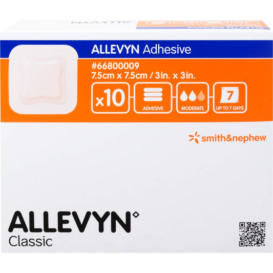 Das Produktfoto zeigt Allevyn Adhesive 7,5x7,5 Cm Haftende Wundauflage (10 stk) PZN 01130236