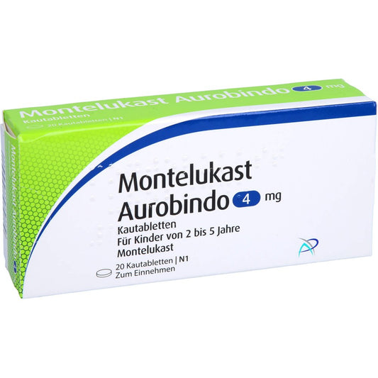 Das Produktfoto zeigt Montelukast Aurobindo 4 Mg Kautabletten (20 stk) PZN 01155779