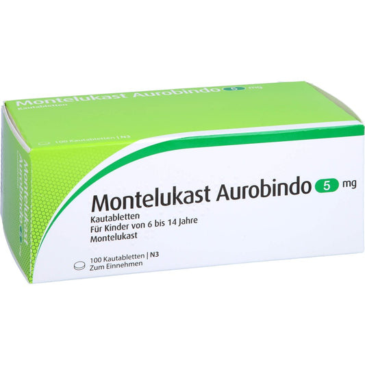 Das Produktfoto zeigt Montelukast Aurobindo 5 Mg Kautabletten (100 stk) PZN 01155845