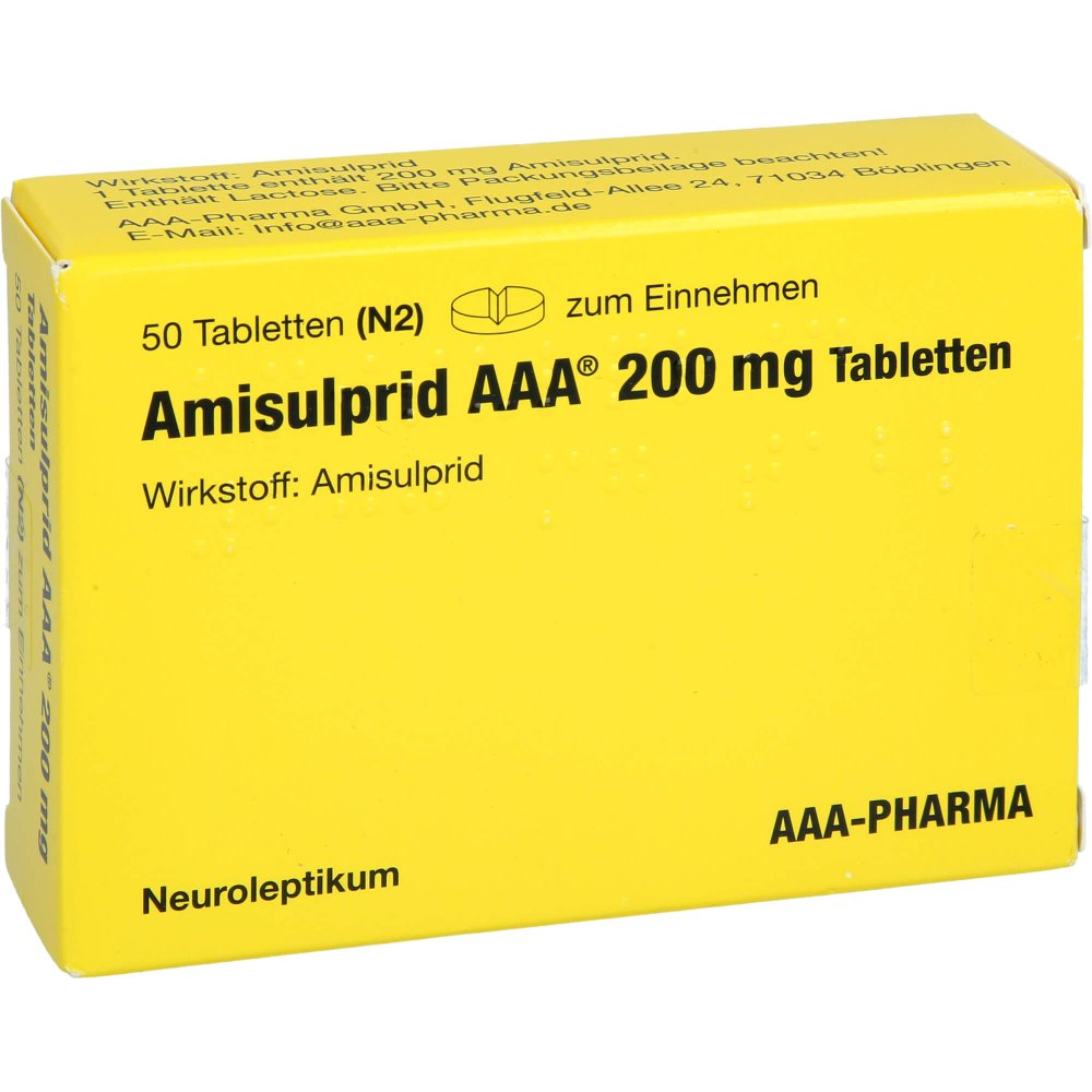 Das Produktfoto zeigt Amisulprid Aaa-Pharma 200 Mg Tabletten (50 stk) PZN 01163000