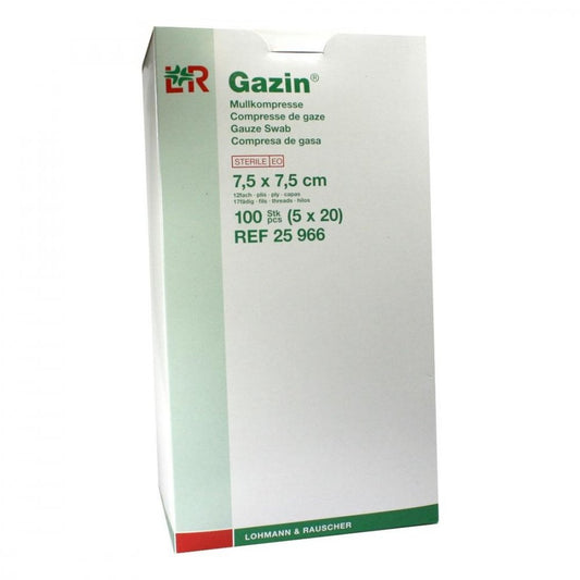 Das Produktfoto zeigt Gazin Mullkomp.7,5x7,5 Cm Steril 12fach (5X20 stk) PZN 01163678