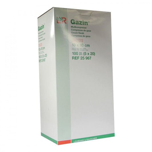Das Produktfoto zeigt Gazin Mullkomp.10x10 Cm Steril 12fach (5X20 stk) PZN 01163684