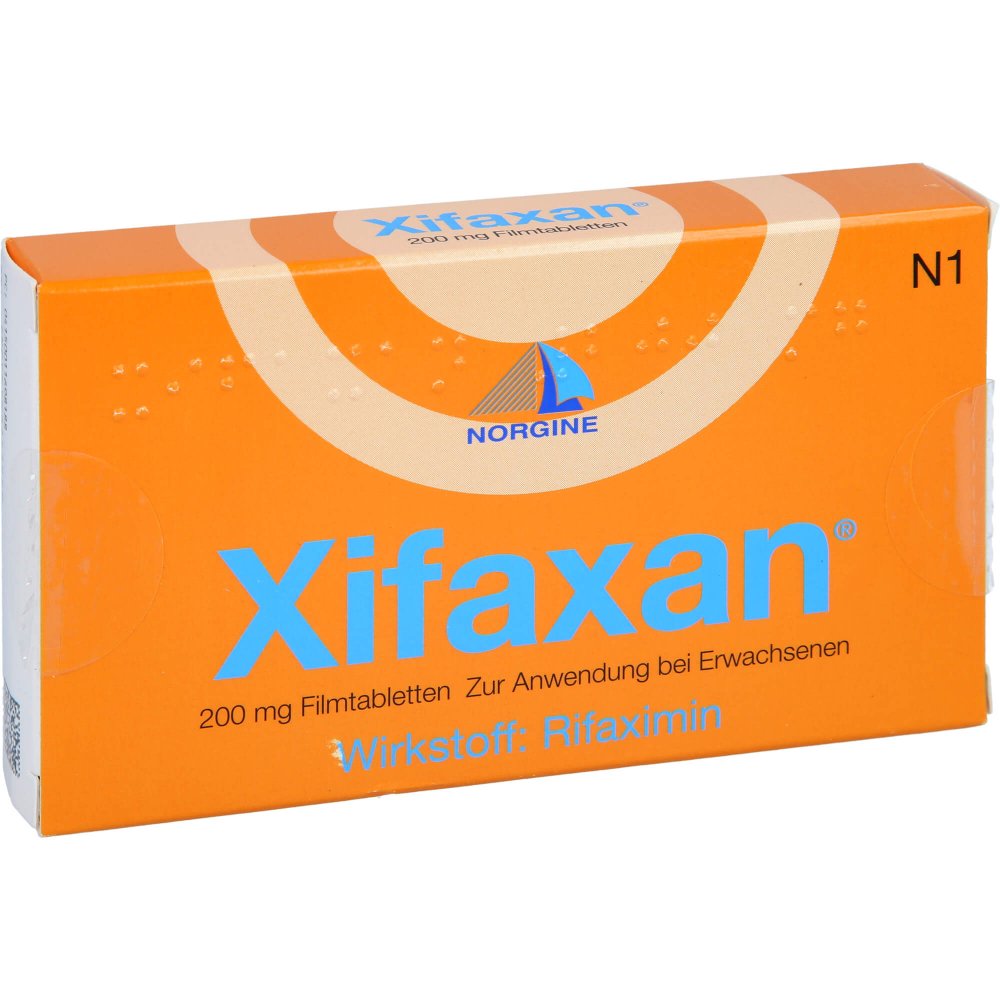Das Produktfoto zeigt Xifaxan 200 Mg Filmtabletten (12 stk) PZN 01169818