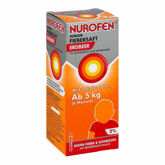 Das Produktfoto zeigt Nurofen Junior Fiebersaft Erdbeer 2% (100 ml) PZN 01170187