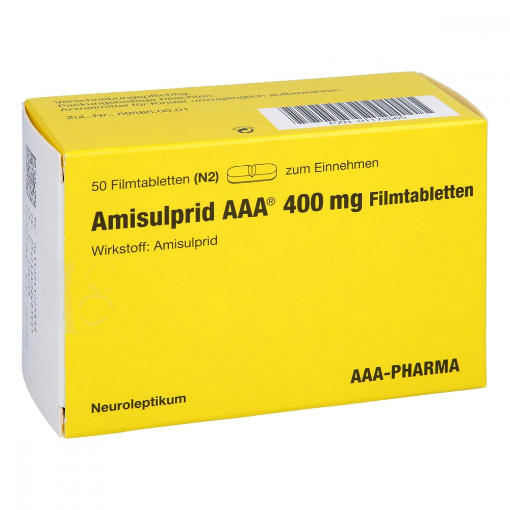 Das Produktfoto zeigt Amisulprid Aaa-Pharma 400 Mg Filmtabletten (50 stk) PZN 01172565