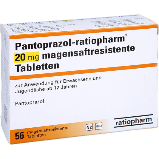 Das Produktfoto zeigt Pantoprazol-Ratiopharm 20 Mg Magensaftr.Tabletten (56 stk) PZN 01175121