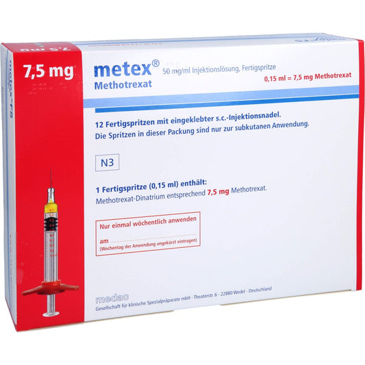 Das Produktfoto zeigt Metex Fs 7,5 Mg (50mg/Ml) Inj.-Lösung Fertigspr. (12 stk) PZN 01178036