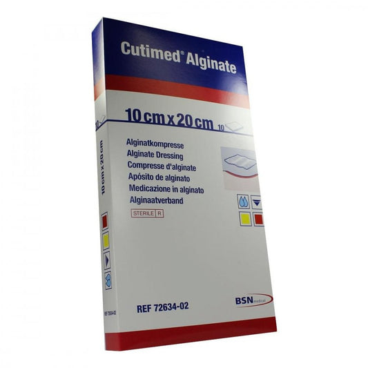 Das Produktfoto zeigt Cutimed Alginate Alginatkompressen 10x20 Cm (10 stk) PZN 01179099