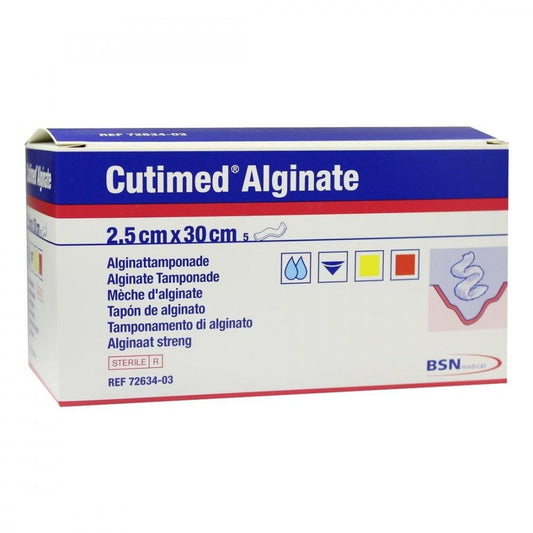 Das Produktfoto zeigt Cutimed Alginate Alginattamponade 2,5x30 Cm (5 stk) PZN 01179107