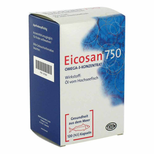 Das Produktfoto zeigt Eicosan 750 Omega-3 Konzentrat Weichkapseln (120 stk) PZN 01211383