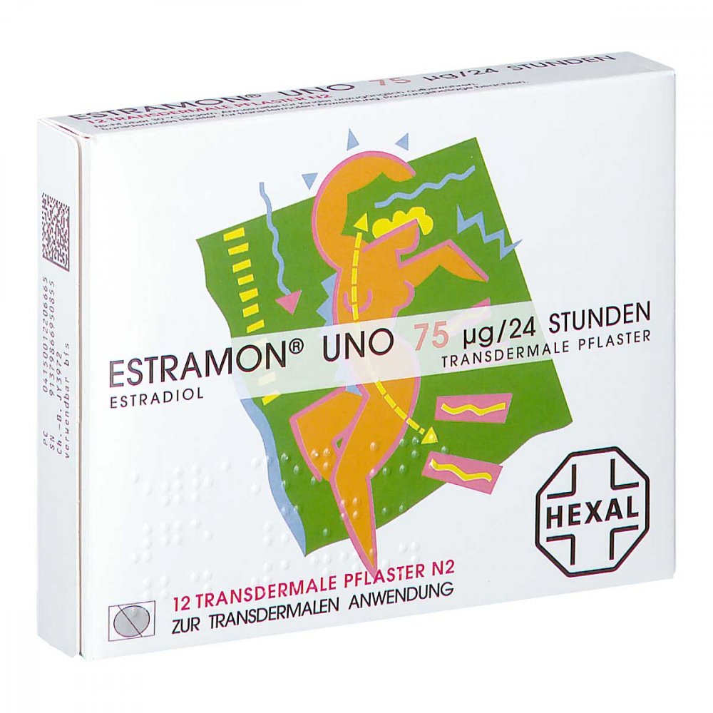 Das Produktfoto zeigt Estramon Uno 75 Μg/24 Stunden Transderm.Pflaster (12 stk) PZN 01220666