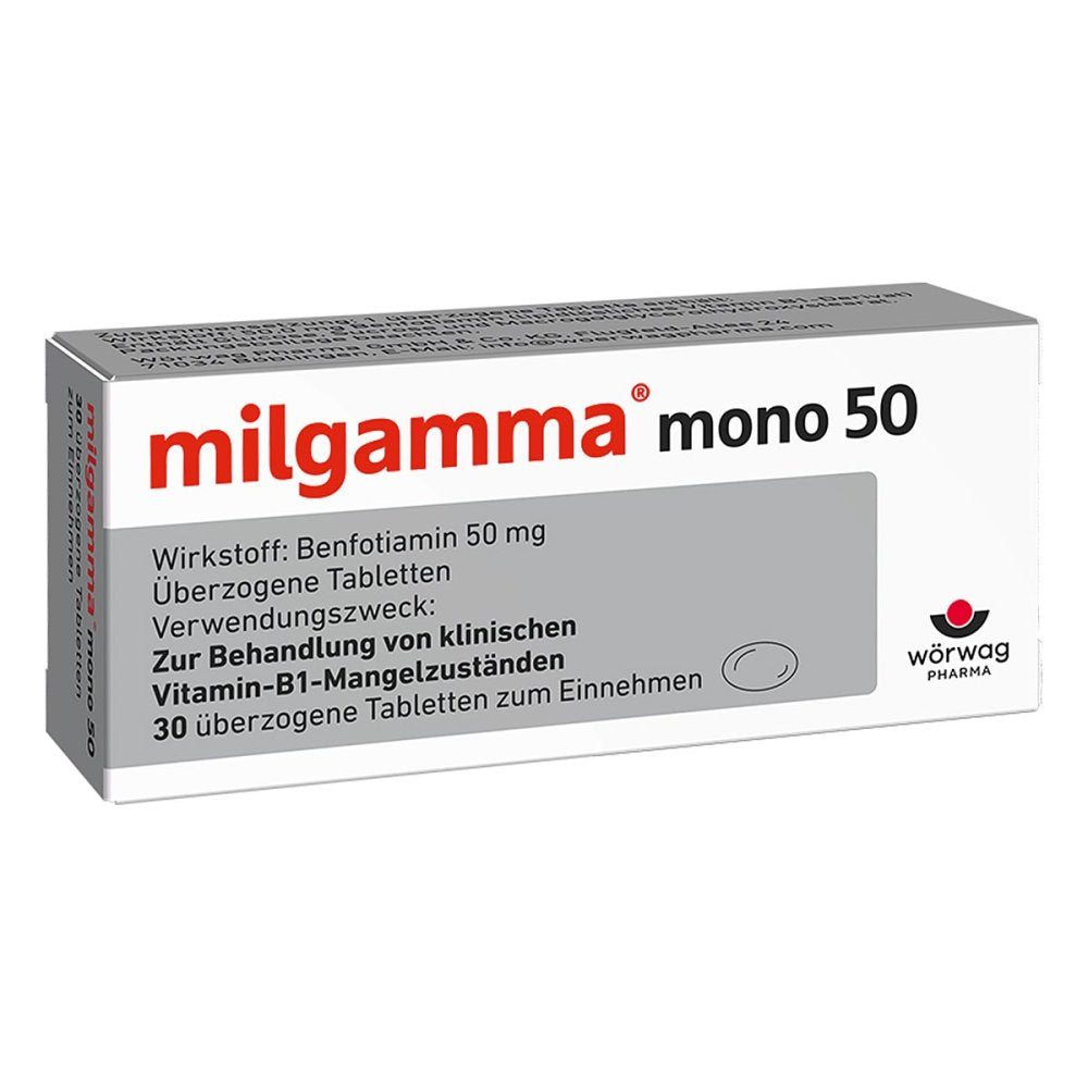 Das Produktfoto zeigt Milgamma Mono 50 Überzogene Tabletten (30 stk) PZN 01221884